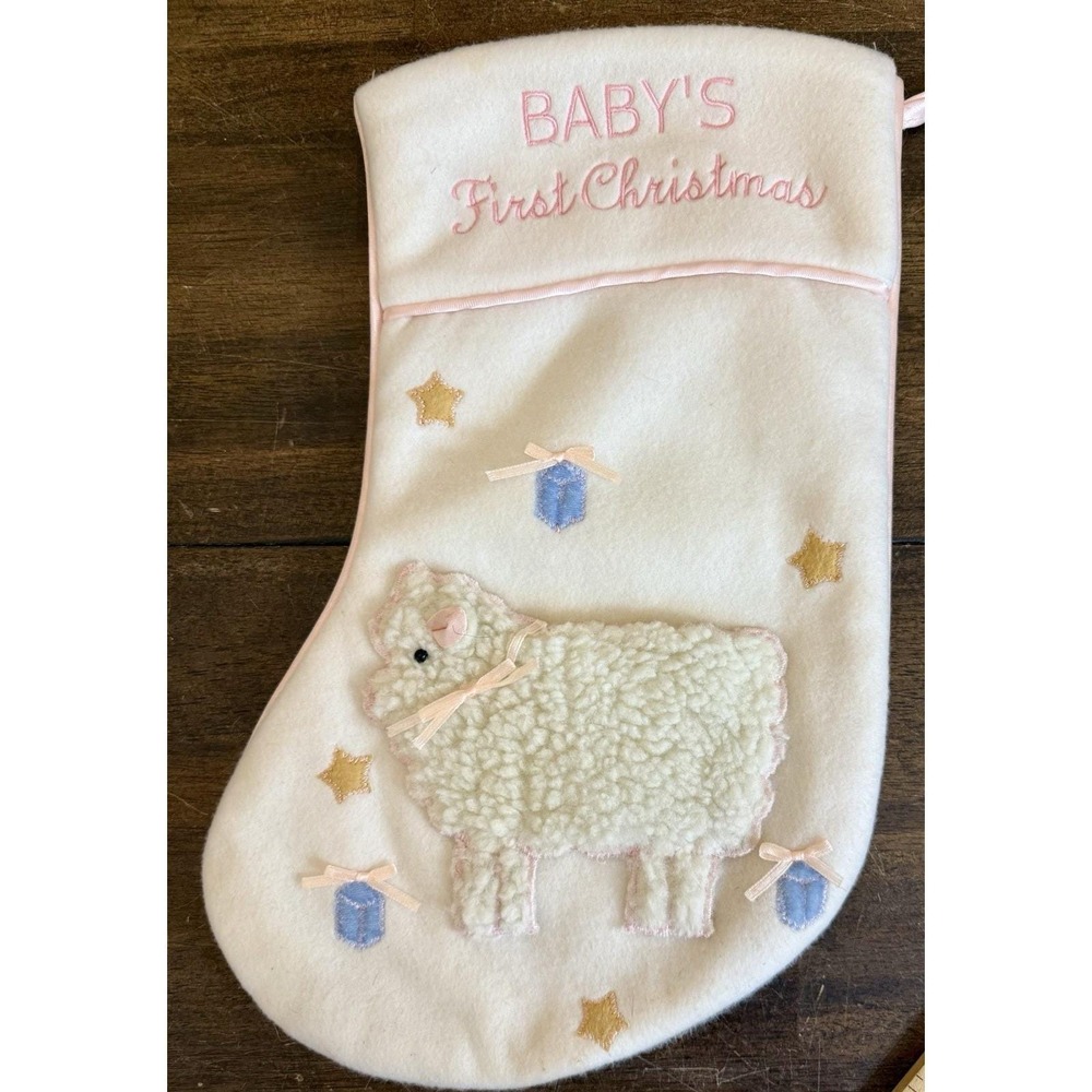 Vintage Baby's First Christmas Stocking Lamb Applique Pink Felt‎ 17"